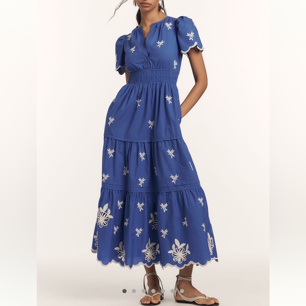 Anthropologie Somerset Dress Short-Sleeve Embroidered Maxi Dress New XXS Blue